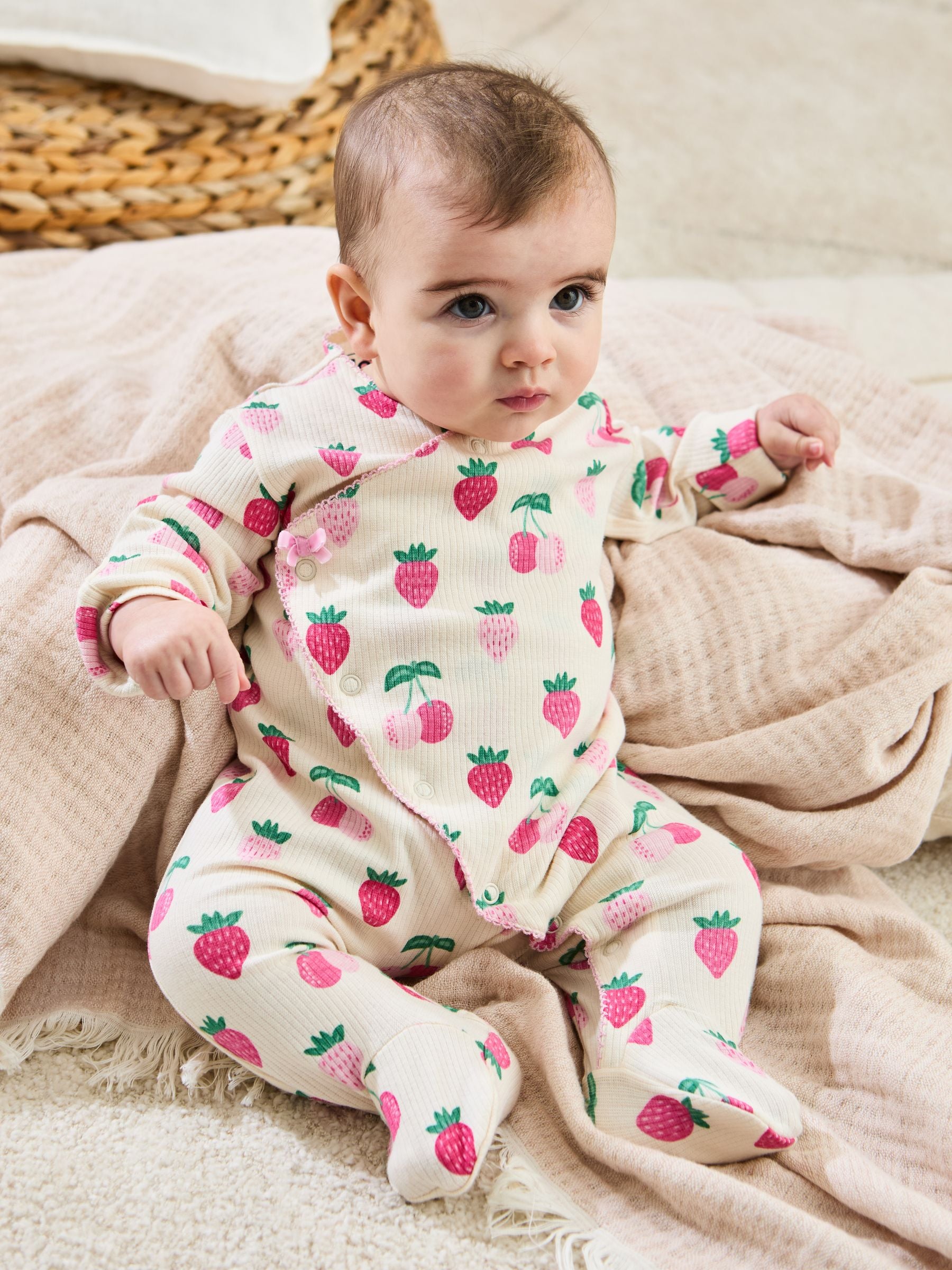 JoJo Maman Bébé Cream Strawberry Footed Cross-Over Sleepsuit image 1