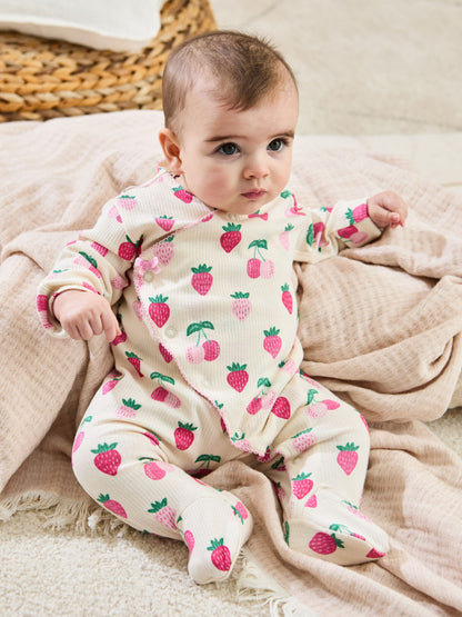 JoJo Maman Bébé Cream Strawberry Footed Cross-Over Sleepsuit image 1