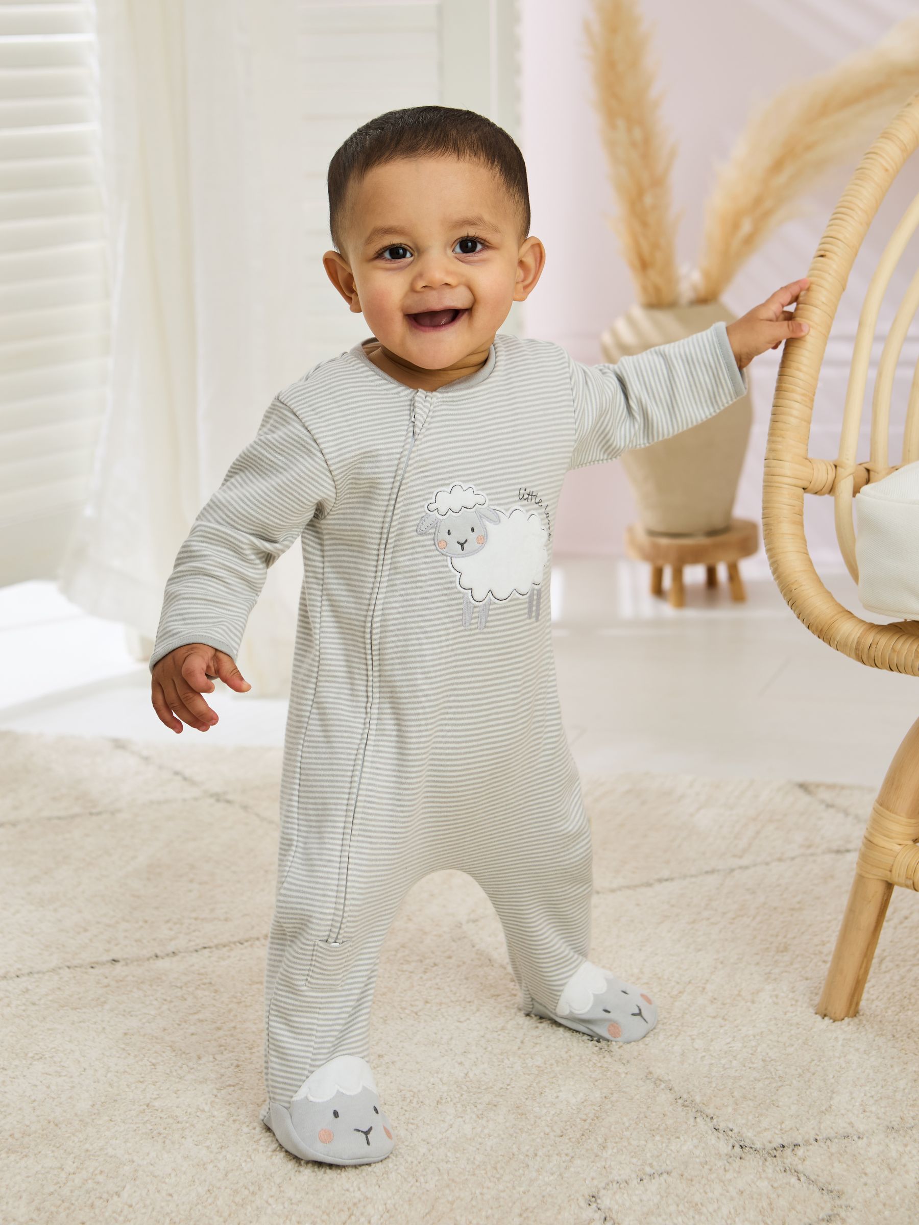 JoJo Maman Bébé Grey Lamb Cotton Footed Stripe Appliqué Zip Sleepsuit image 1