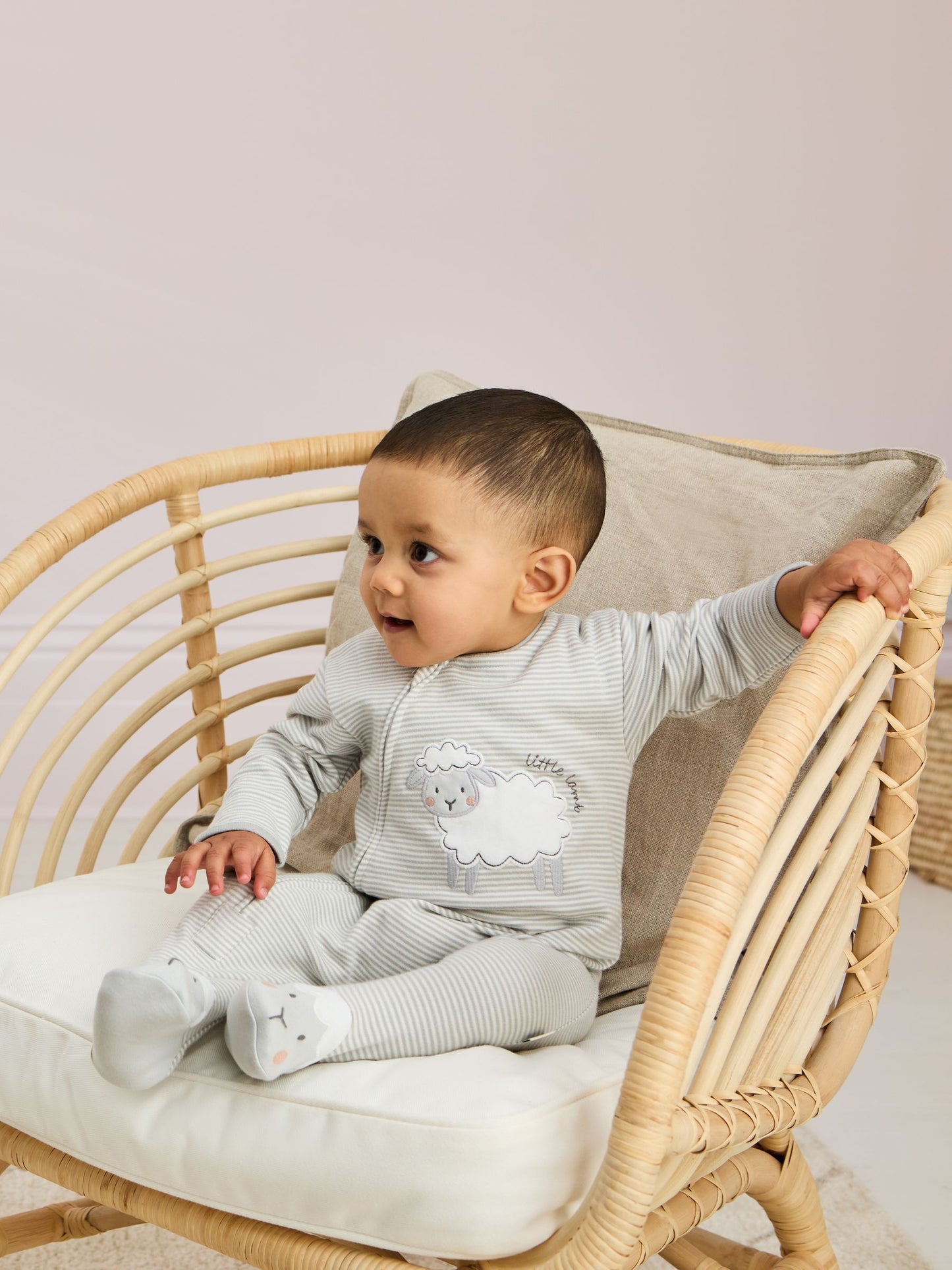 JoJo Maman Bébé Grey Lamb Cotton Footed Stripe Appliqué Zip Sleepsuit image 2