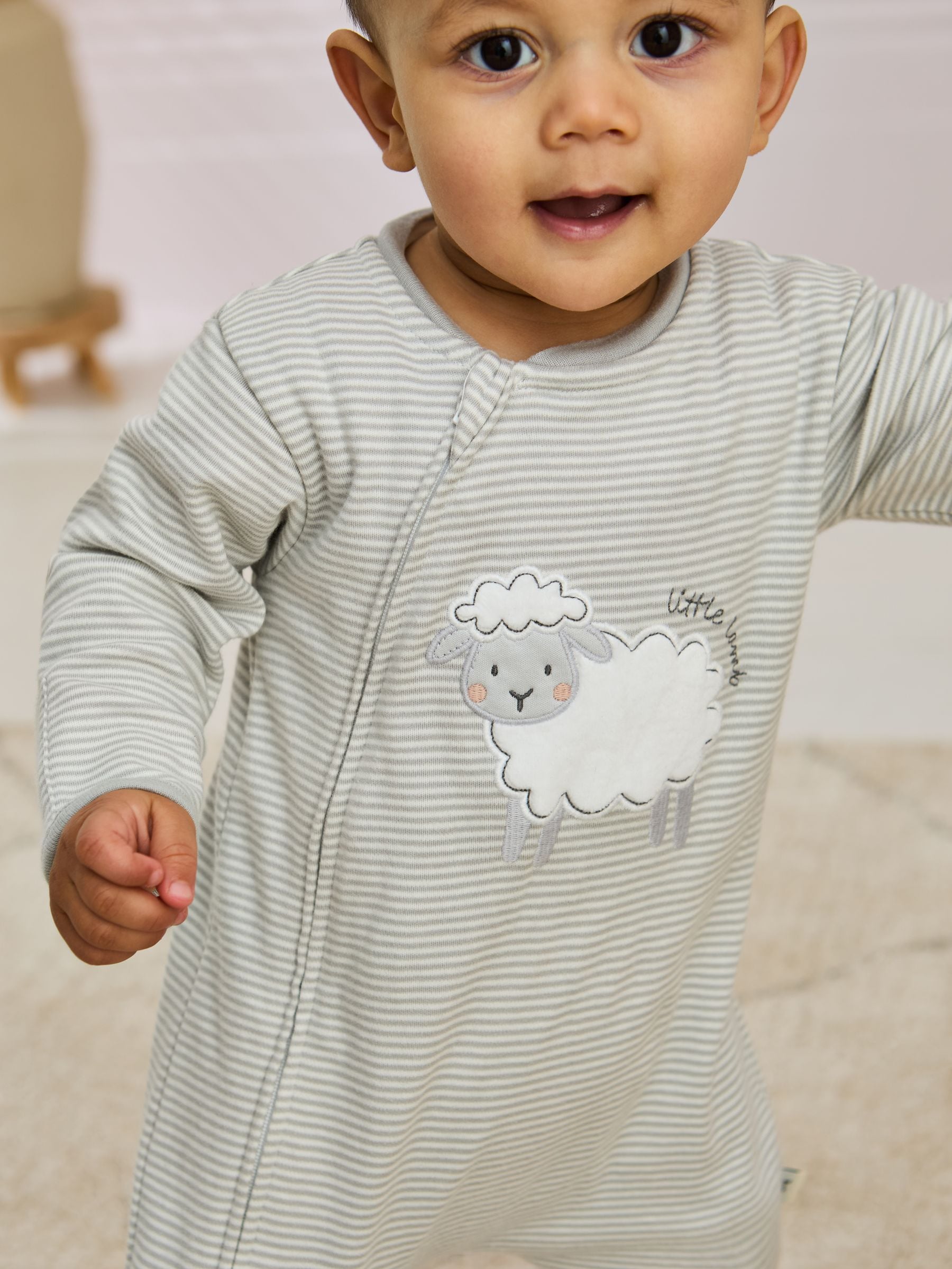 JoJo Maman Bébé Grey Lamb Cotton Footed Stripe Appliqué Zip Sleepsuit image 3