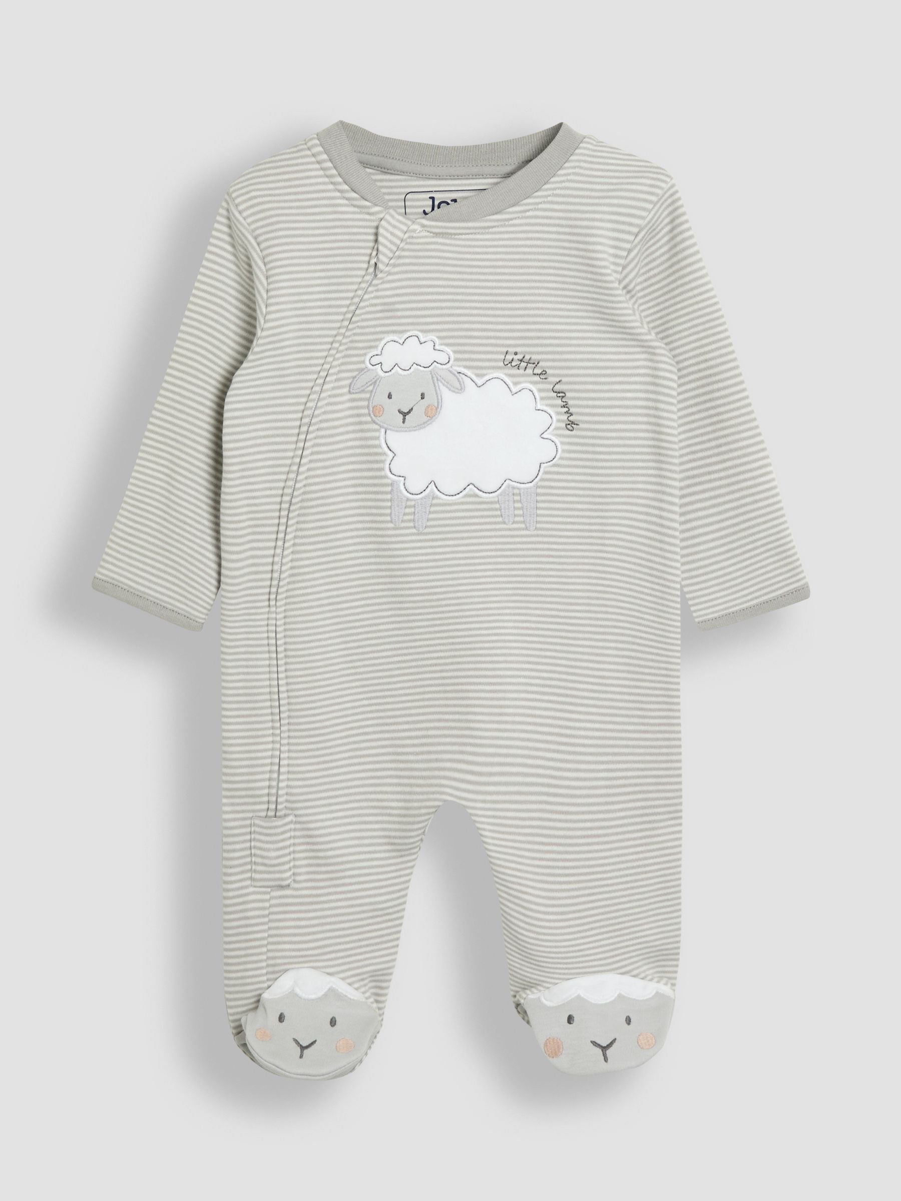 JoJo Maman Bébé Grey Lamb Cotton Footed Stripe Appliqué Zip Sleepsuit image 4