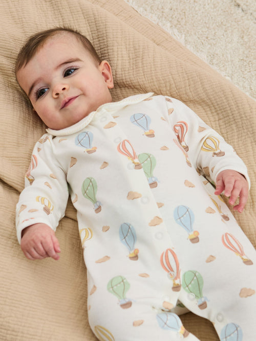 JoJo Maman Bébé Cream Hot Air Balloon Print Cotton Collared Footed Sleepsuit image 1