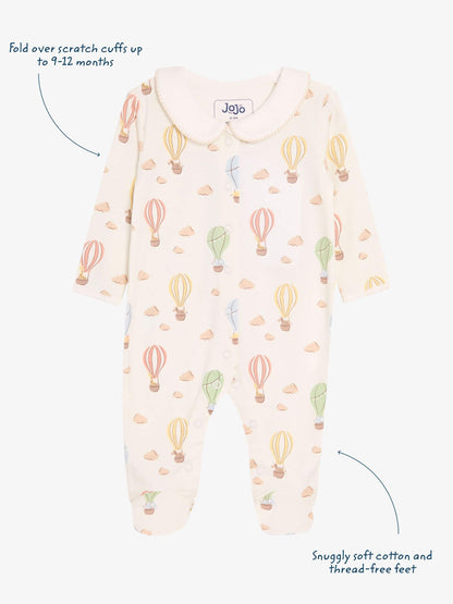 JoJo Maman Bébé Cream Hot Air Balloon Print Cotton Collared Footed Sleepsuit image 3