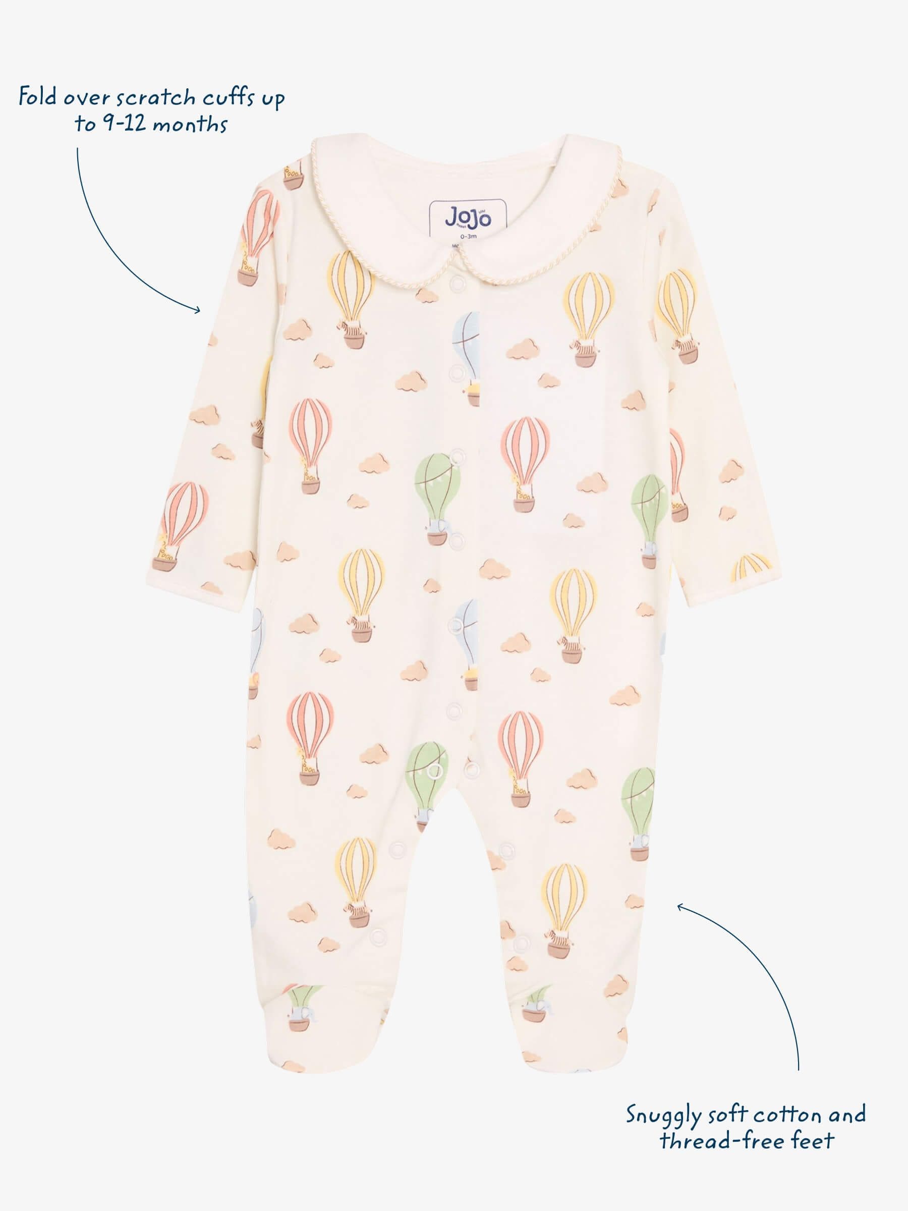 JoJo Maman Bébé Cream Hot Air Balloon Print Cotton Collared Footed Sleepsuit image 3