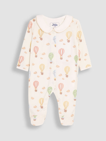 JoJo Maman Bébé Cream Hot Air Balloon Print Cotton Collared Footed Sleepsuit image 6