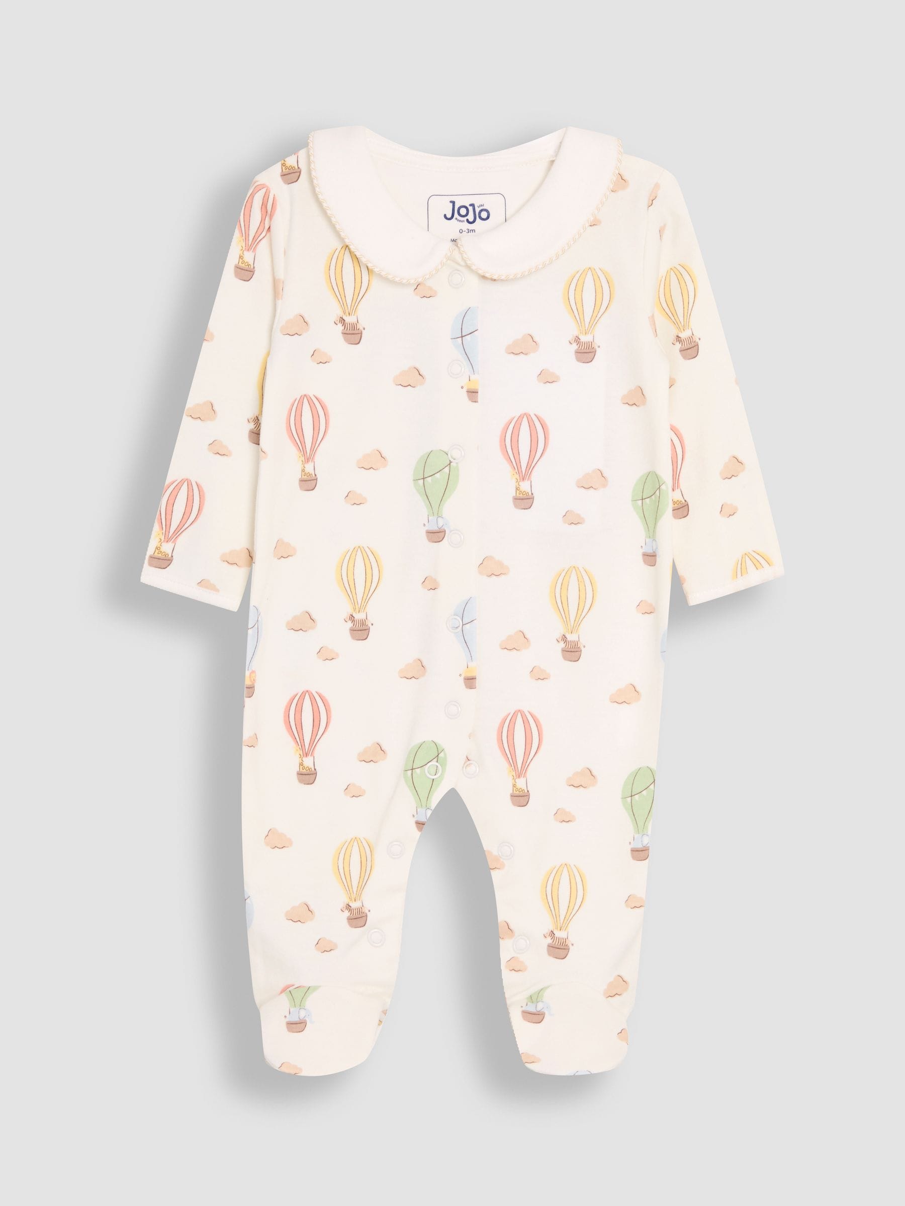 JoJo Maman Bébé Cream Hot Air Balloon Print Cotton Collared Footed Sleepsuit image 6