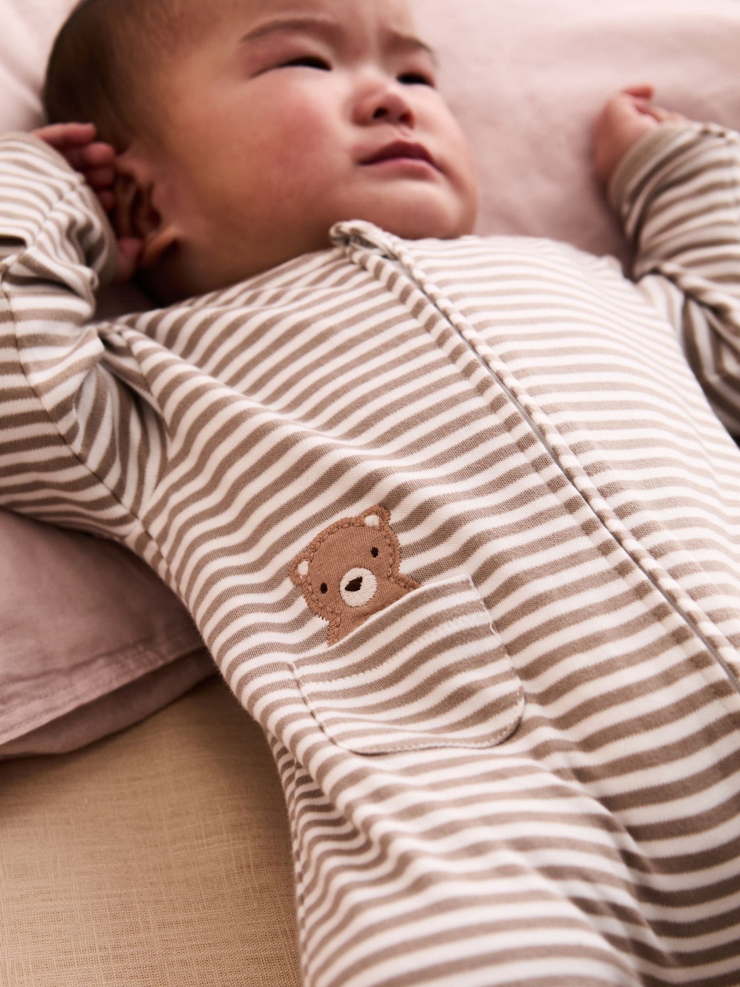 JoJo Maman Bébé Tan Bear Organic Cotton Embroidered Sleepsuit image 1