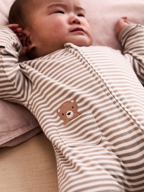 JoJo Maman Bébé Tan Bear Cotton Embroidered Sleepsuit image 1