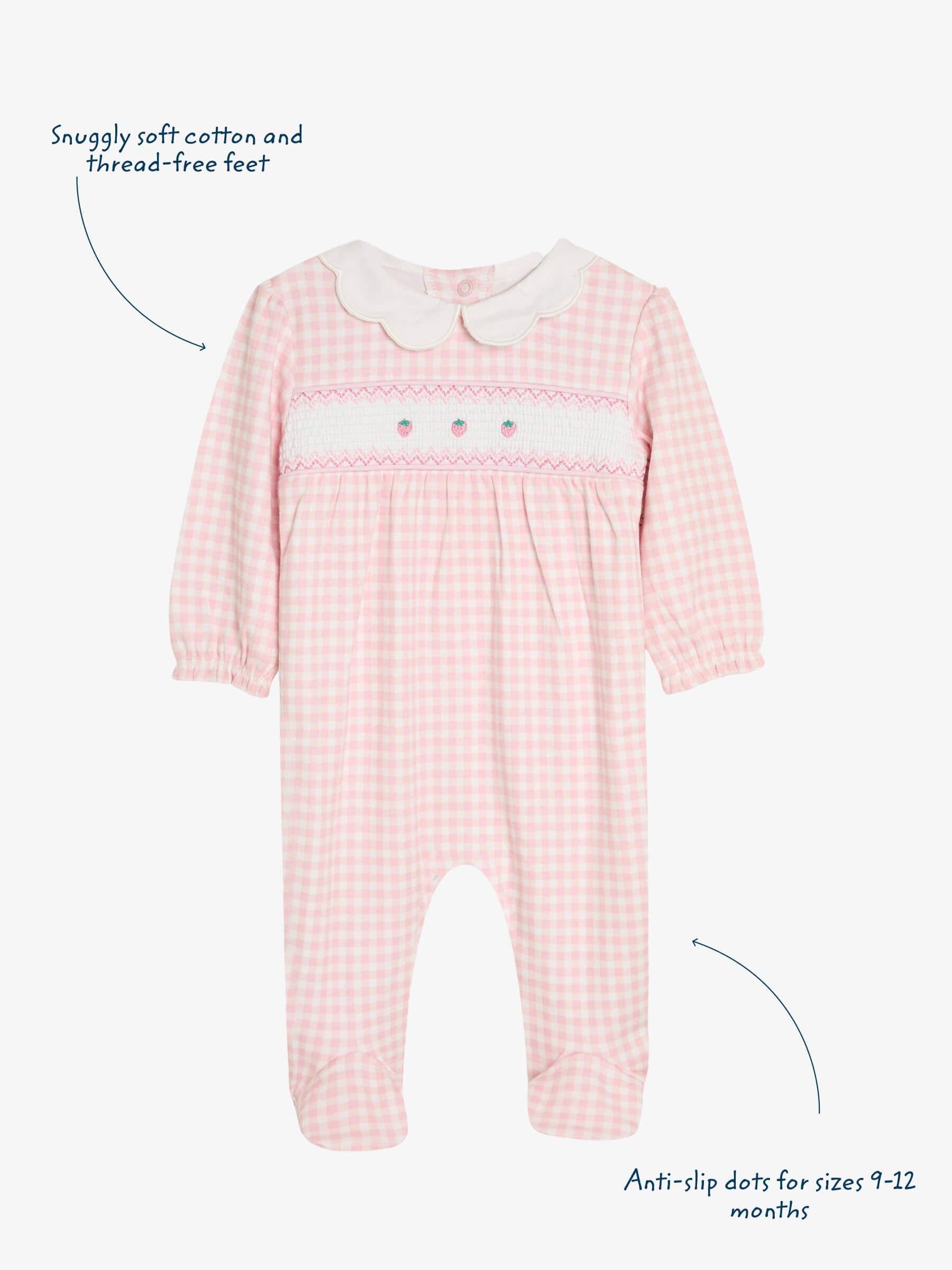 JoJo Maman Bébé Pink Cotton Footed Smocked Embroidered Sleepsuit image 3