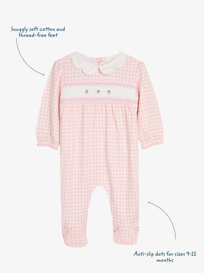 JoJo Maman Bébé Pink Cotton Footed Smocked Embroidered Sleepsuit image 3