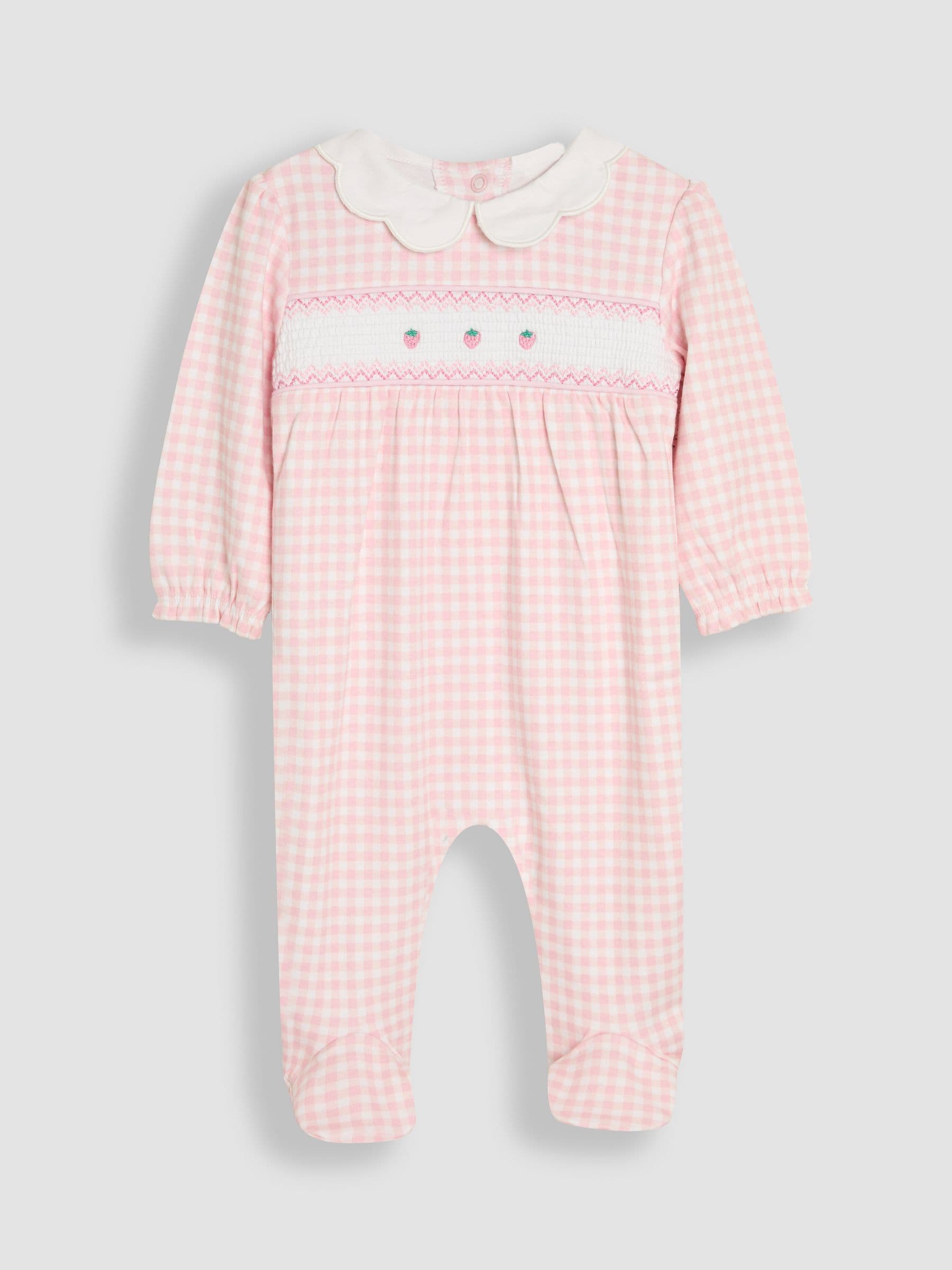 JoJo Maman Bébé Pink Cotton Footed Smocked Embroidered Sleepsuit image 1