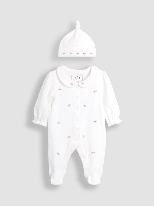 JoJo Maman Bébé Cream Cotton Collared 2-Piece Embroidered Sleepsuit and Hat Set image 1