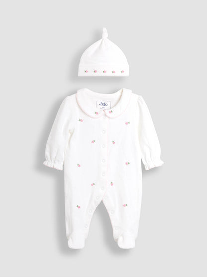 JoJo Maman Bébé Cream Cotton Collared 2-Piece Embroidered Sleepsuit and Hat Set image 1