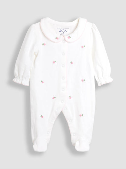 JoJo Maman Bébé Cream Cotton Collared 2-Piece Embroidered Sleepsuit and Hat Set image 2
