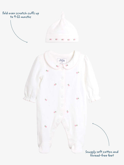 JoJo Maman Bébé Cream Cotton Collared 2-Piece Embroidered Sleepsuit and Hat Set image 3