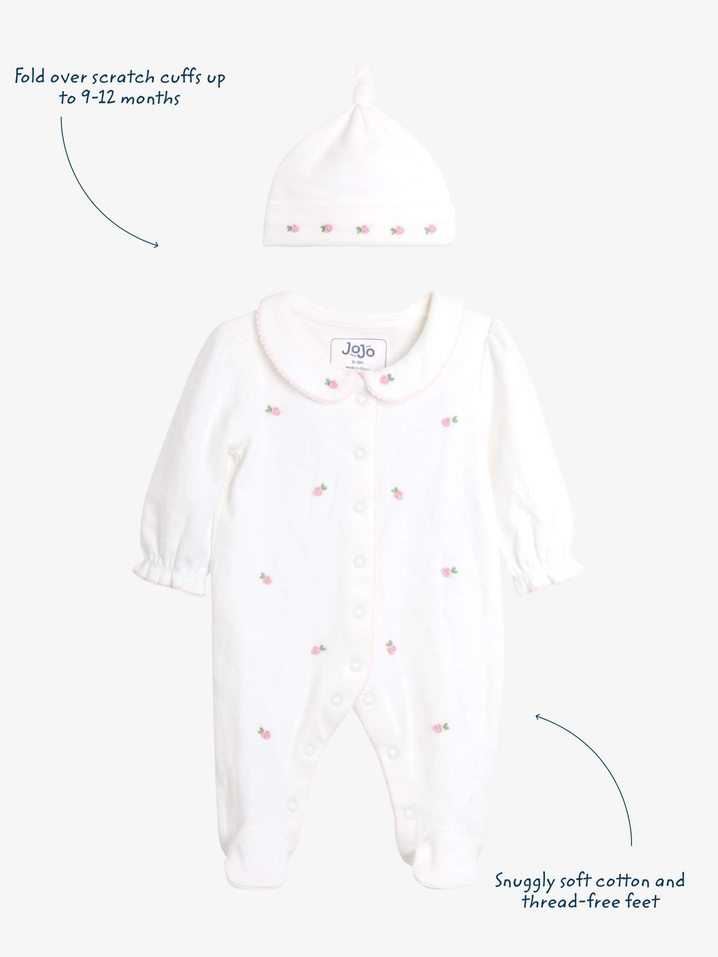 JoJo Maman Bébé Cream Cotton Collared 2-Piece Embroidered Sleepsuit and Hat Set image 3