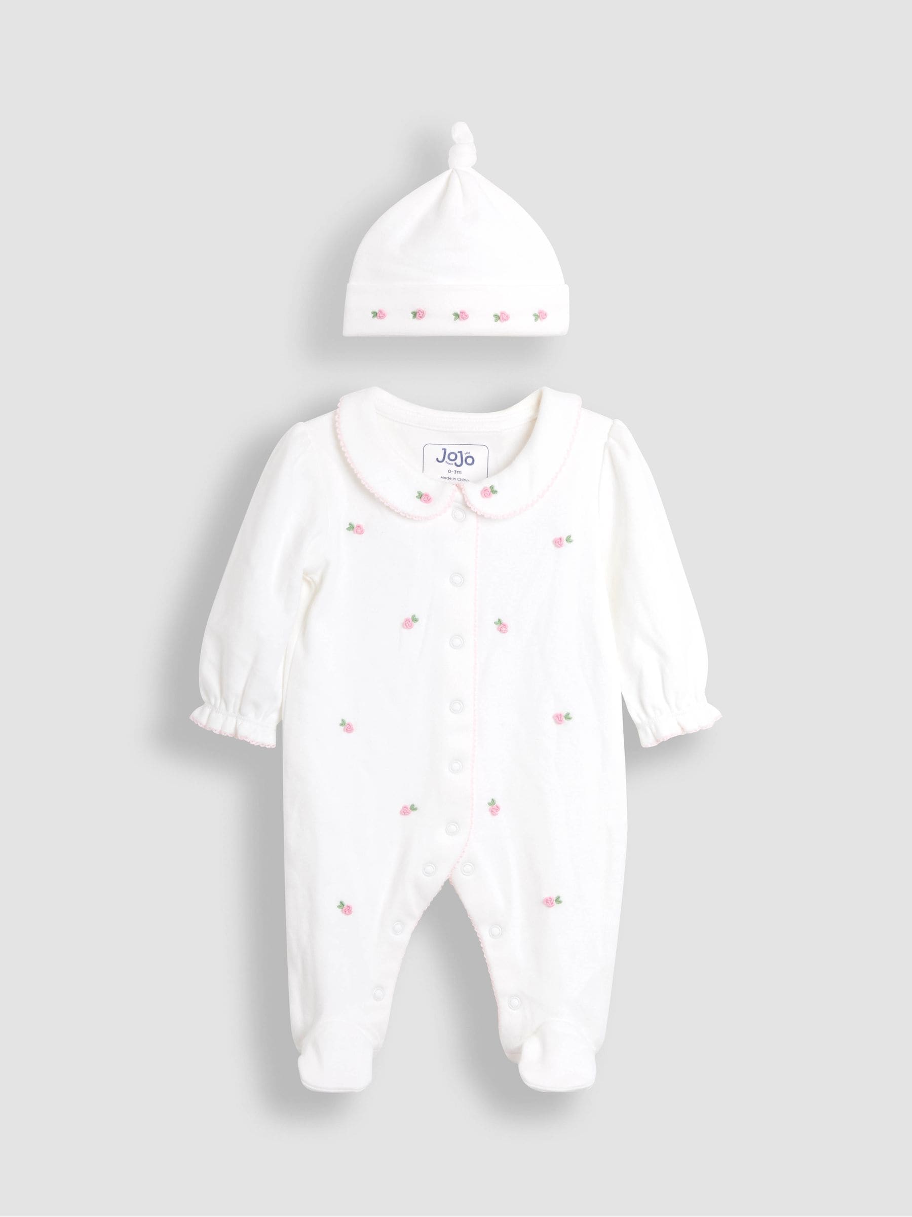 JoJo Maman Bébé Cream Cotton Collared 2-Piece Embroidered Sleepsuit and Hat Set image 1
