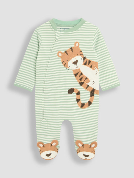 JoJo Maman Bébé Green Tiger Cotton Footed Stripe Appliqué Zip Sleepsuit image 2