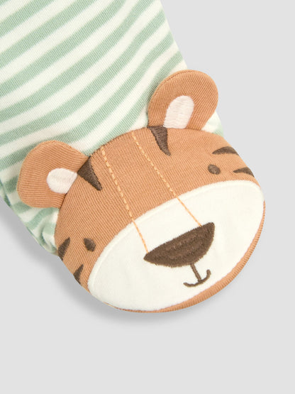 JoJo Maman Bébé Green Tiger Cotton Footed Stripe Appliqué Zip Sleepsuit image 4