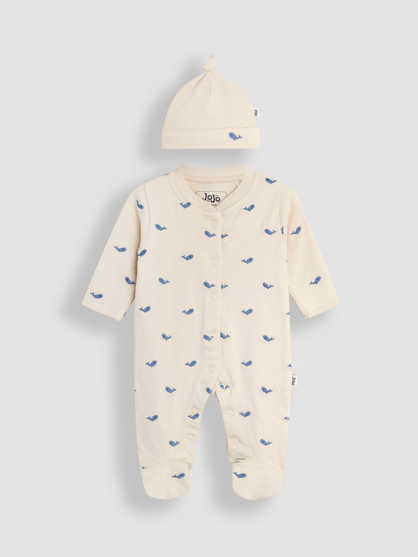 JoJo Maman Bébé Natural Whale Embroidered Cotton 2-Piece Sleepsuit and Hat Set image 1