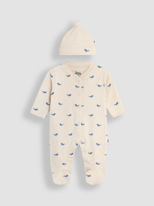 JoJo Maman Bébé Natural Whale Embroidered Cotton 2-Piece Sleepsuit and Hat Set image 1