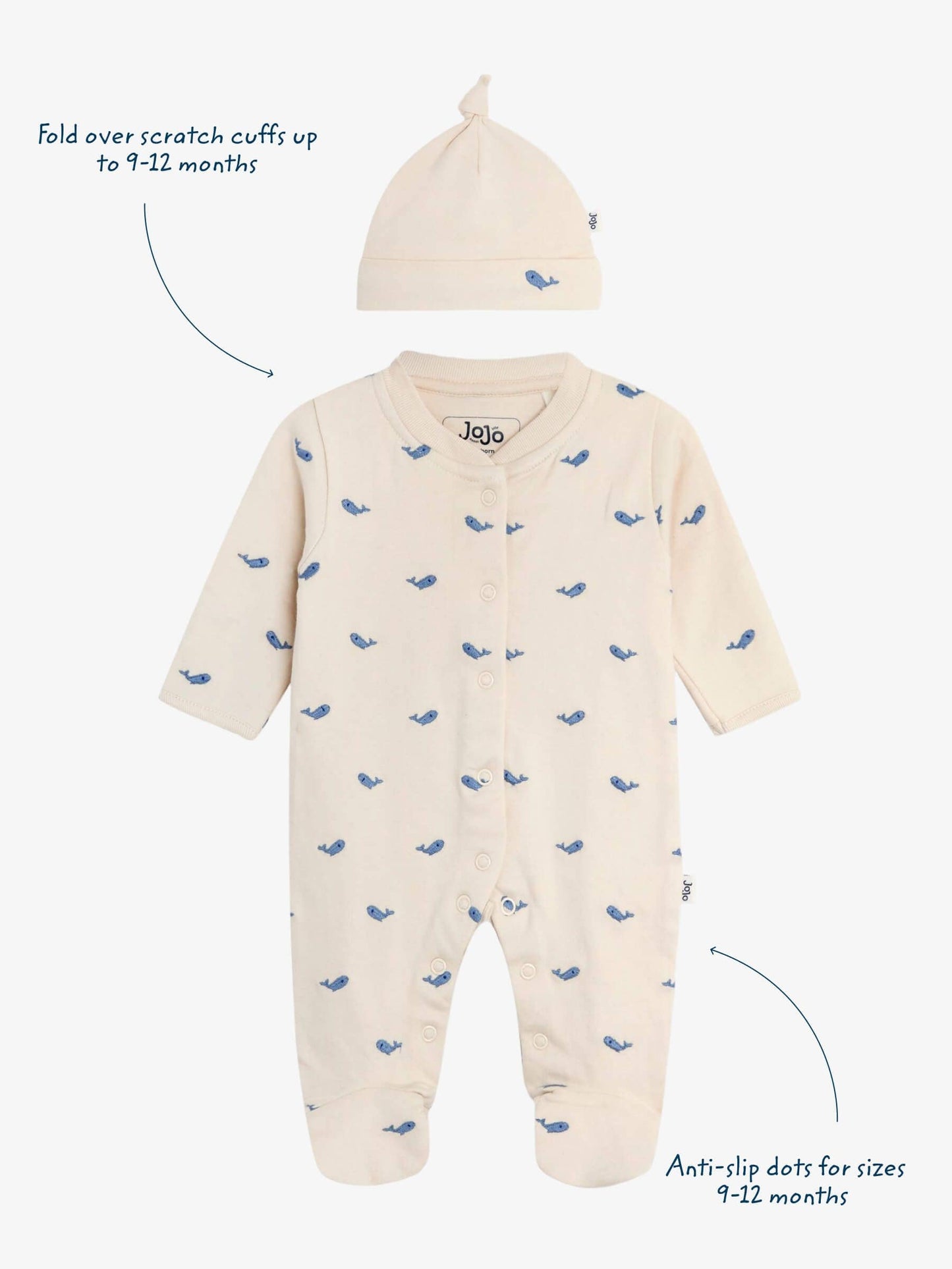 JoJo Maman Bébé Natural Whale Embroidered Cotton 2-Piece Sleepsuit and Hat Set image 3
