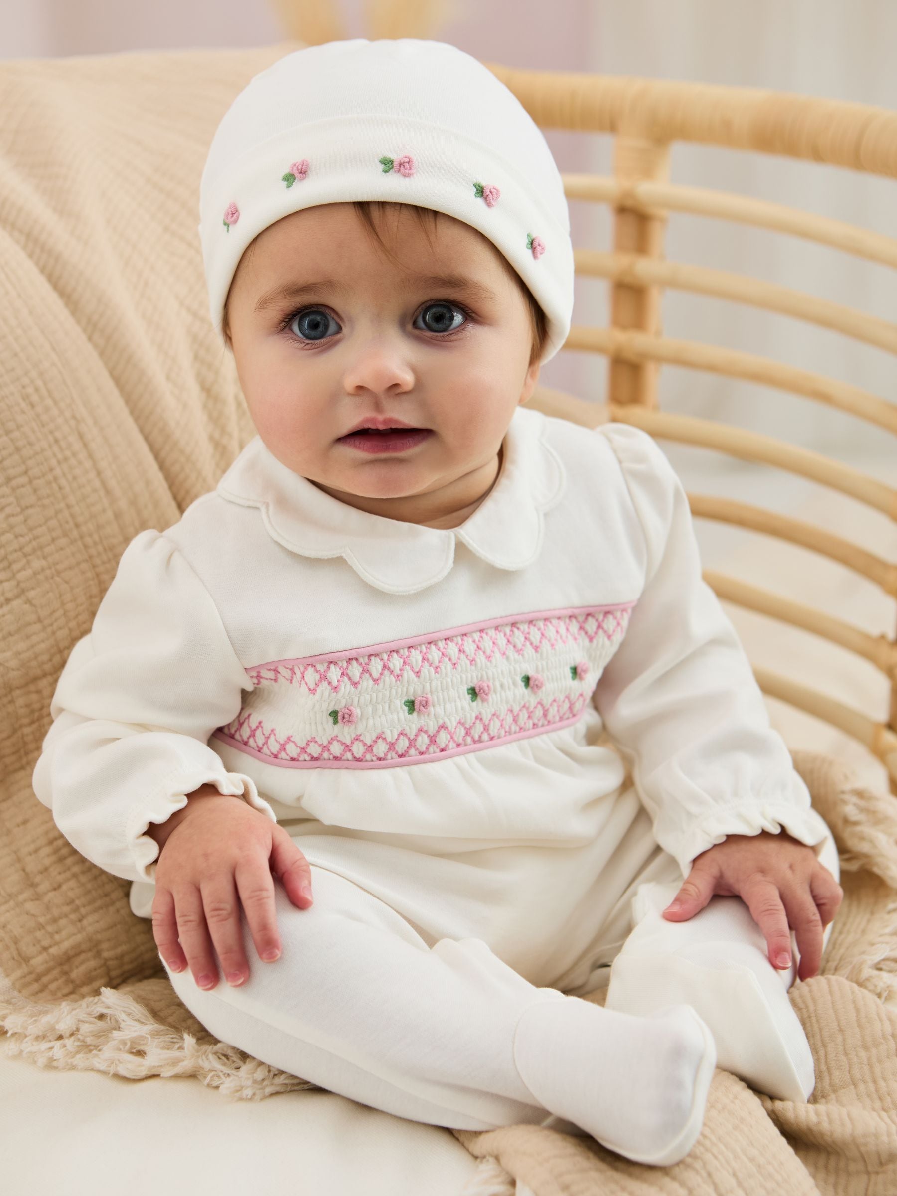 JoJo Maman Bébé Cream Cotton 2-Piece Smocked Sleepsuit and Hat Set image 1