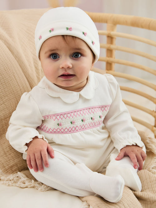 JoJo Maman Bébé Cream Cotton 2-Piece Smocked Sleepsuit and Hat Set image 1