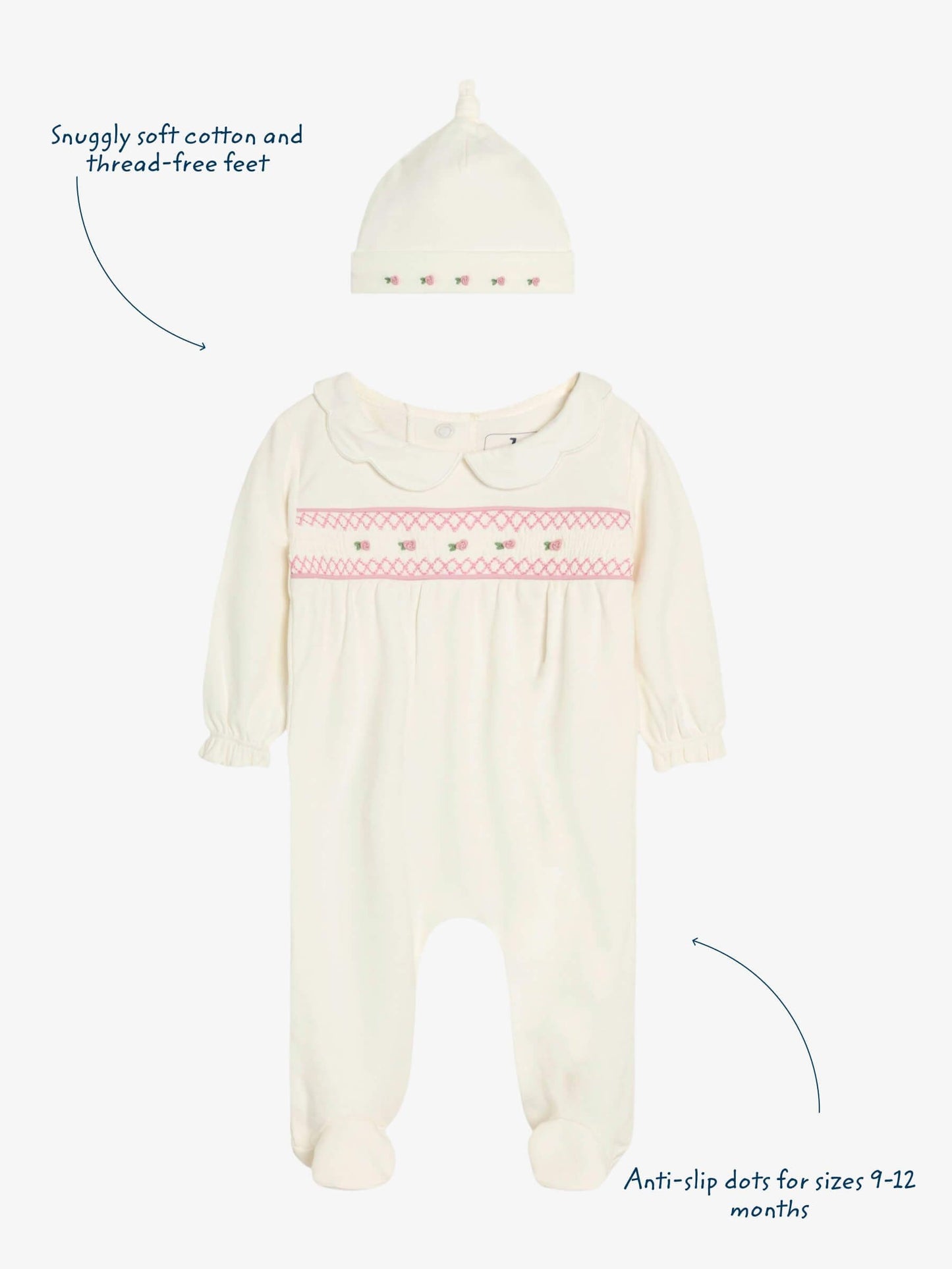 JoJo Maman Bébé Cream Cotton 2-Piece Smocked Sleepsuit and Hat Set image 3