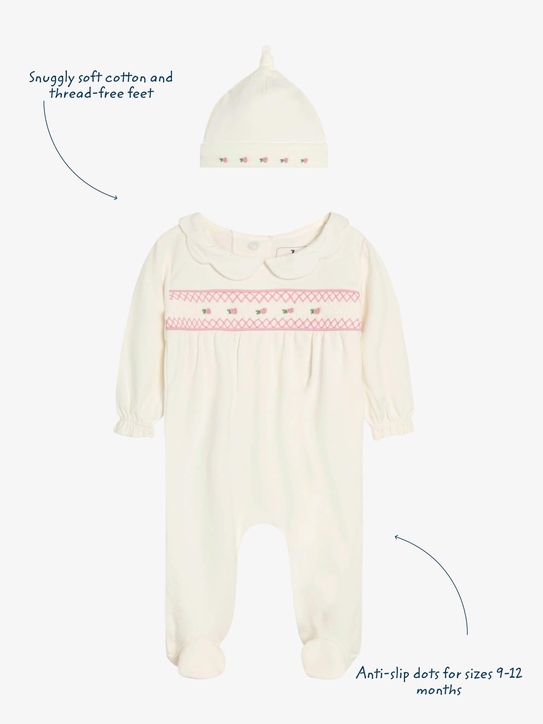 JoJo Maman Bébé Cream Cotton 2-Piece Smocked Sleepsuit and Hat Set image 3