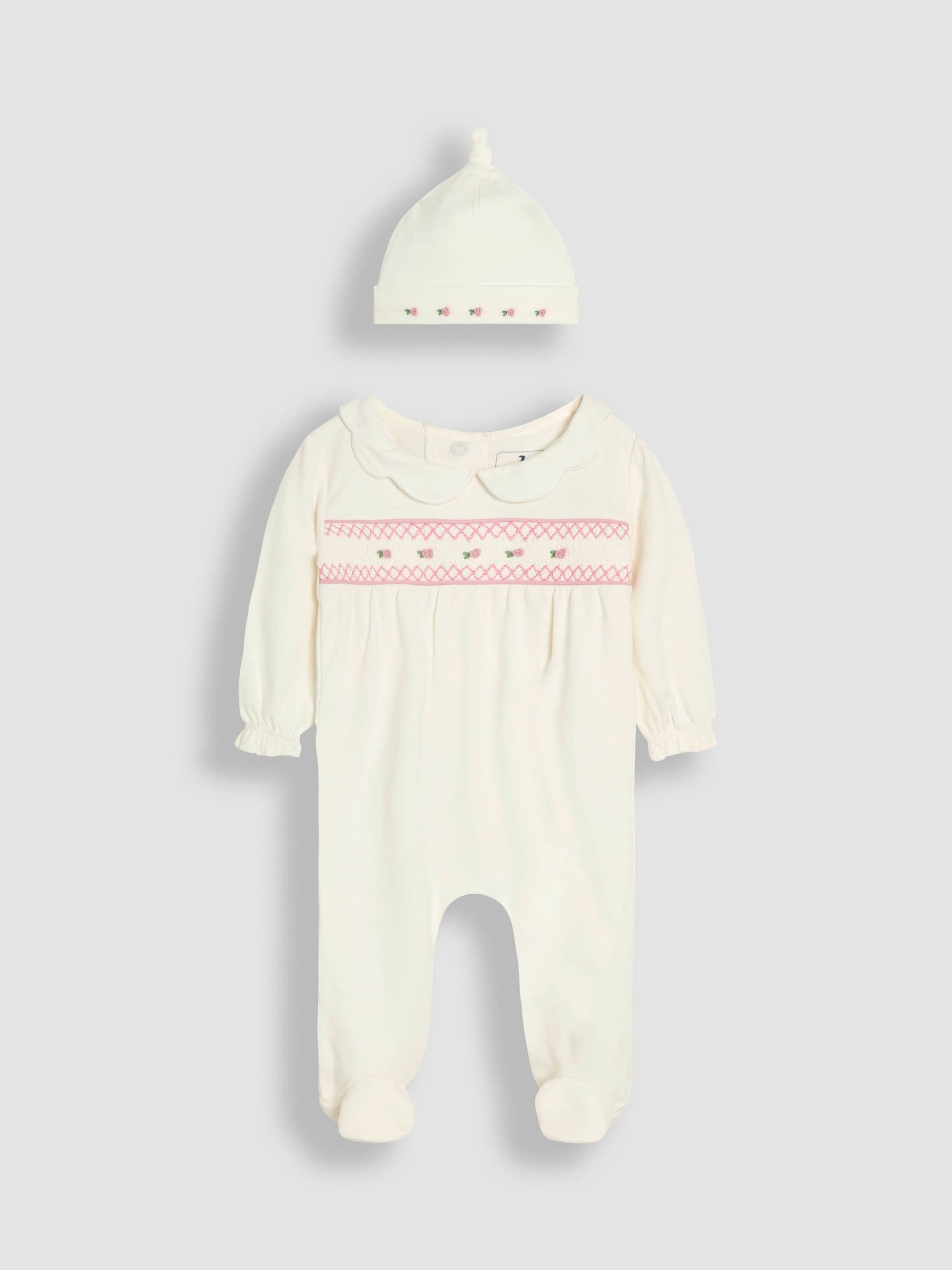 JoJo Maman Bébé Cream Cotton 2-Piece Smocked Sleepsuit and Hat Set image 5