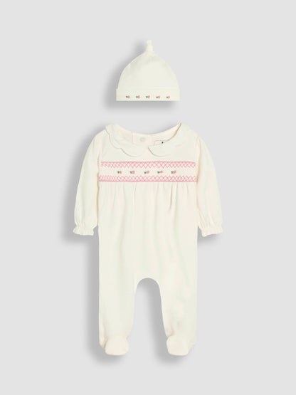 JoJo Maman Bébé Cream Cotton 2-Piece Smocked Sleepsuit and Hat Set image 5