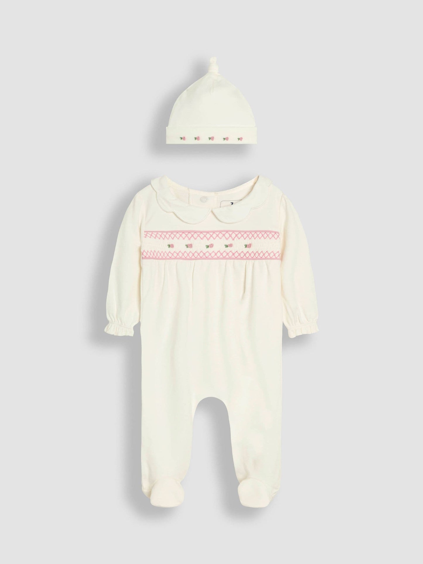 JoJo Maman Bébé Cream Cotton 2-Piece Smocked Sleepsuit and Hat Set image 5