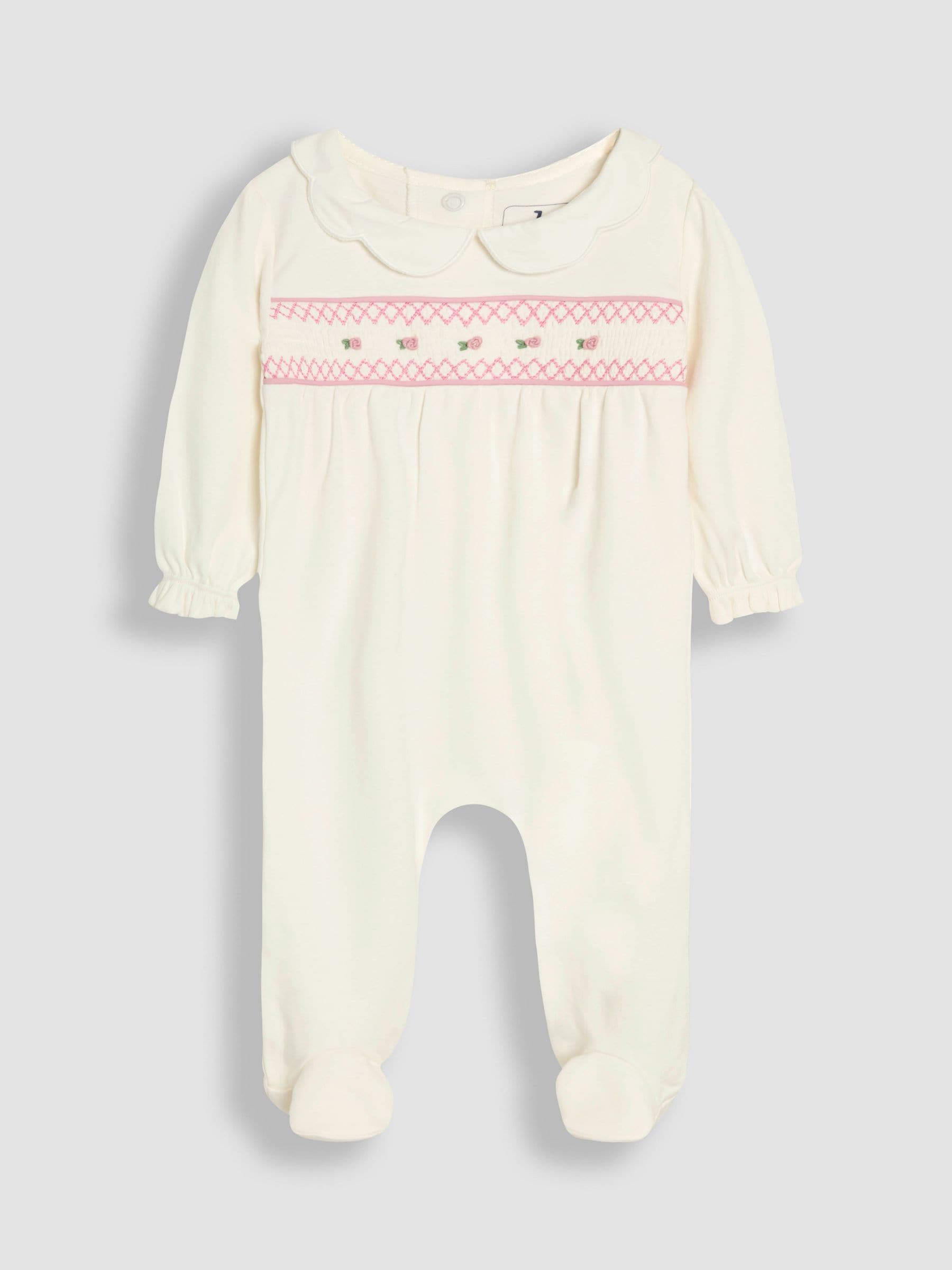 JoJo Maman Bébé Cream Cotton 2-Piece Smocked Sleepsuit and Hat Set image 6