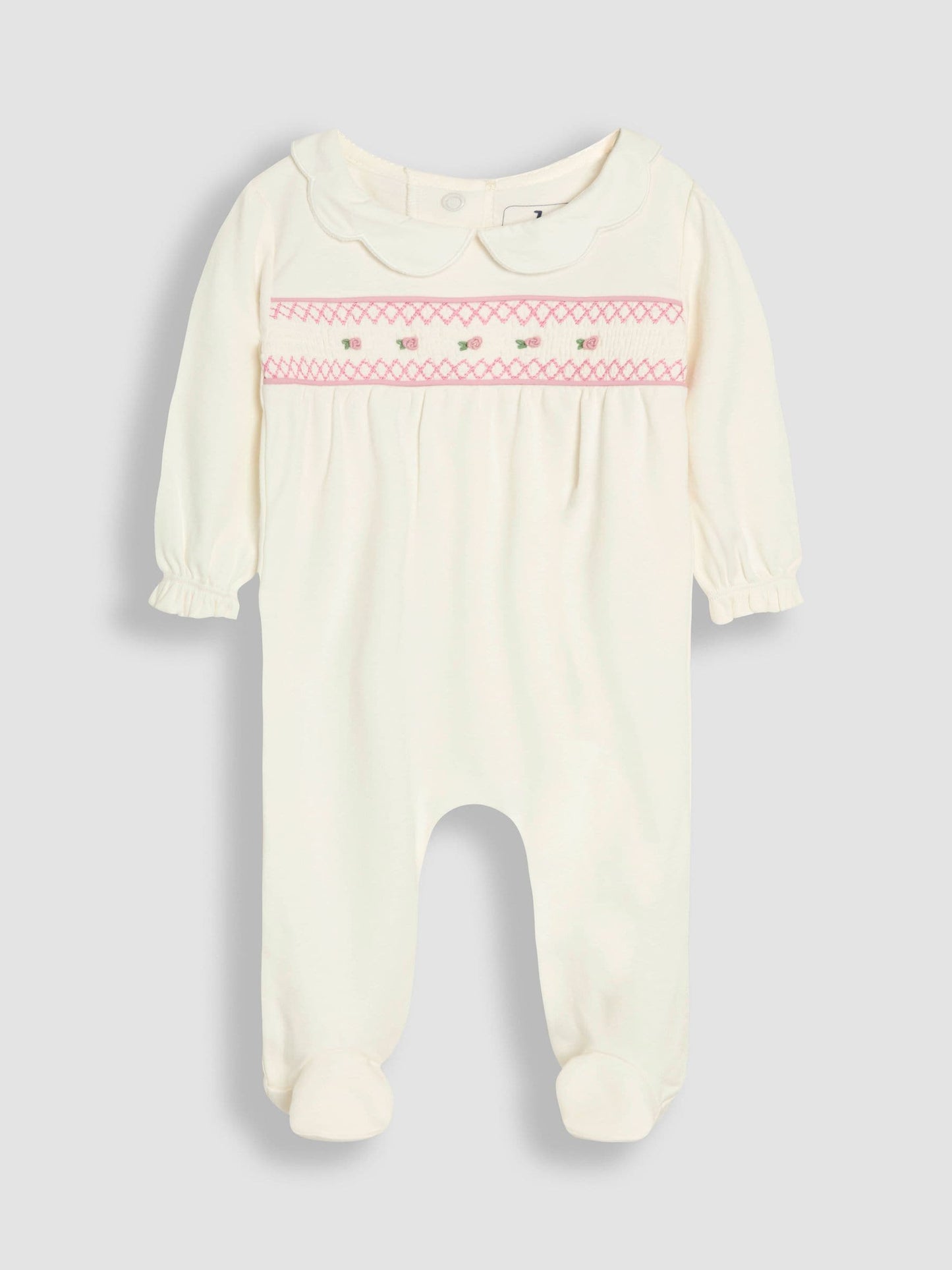 JoJo Maman Bébé Cream Cotton 2-Piece Smocked Sleepsuit and Hat Set image 6