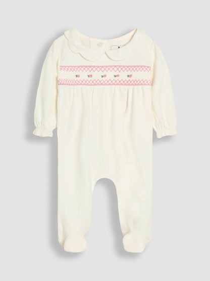 JoJo Maman Bébé Cream Cotton 2-Piece Smocked Sleepsuit and Hat Set image 6