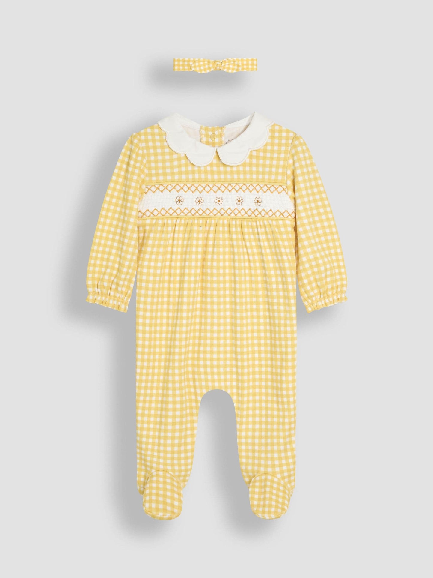 JoJo Maman Bébé Yellow Cotton 2-Piece Smocked Sleepsuit and Headband Set image 1