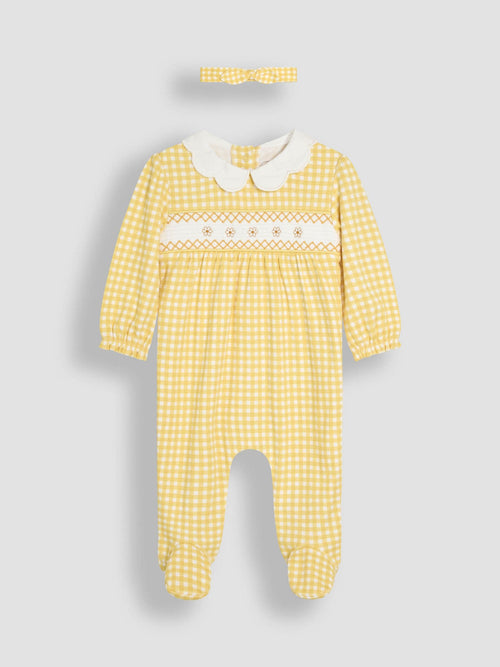 JoJo Maman Bébé Yellow Cotton 2-Piece Smocked Sleepsuit and Headband Set image 1