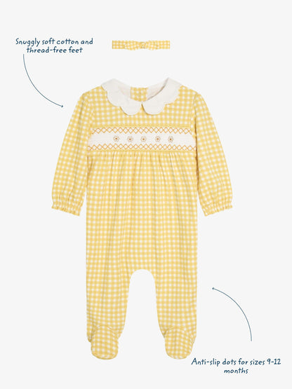 JoJo Maman Bébé Yellow Cotton 2-Piece Smocked Sleepsuit and Headband Set image 3
