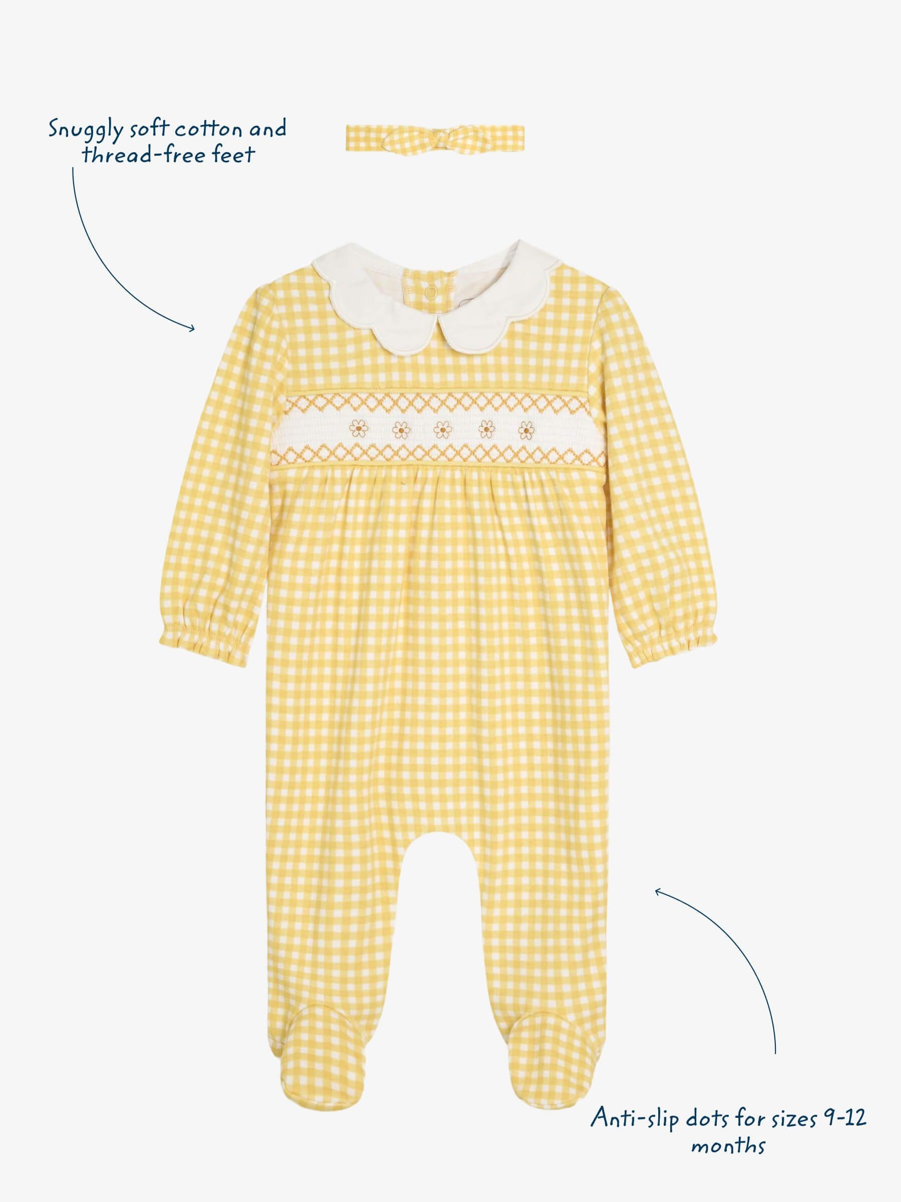 JoJo Maman Bébé Yellow Cotton 2-Piece Smocked Sleepsuit and Headband Set image 3