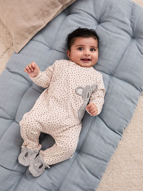 JoJo Maman Bébé White Koala Cotton Footed Appliqué Zip Sleepsuit image 1