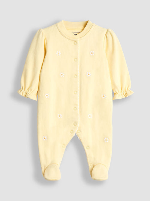 JoJo Maman Bébé Yellow 100% Cotton Popper Footed Embroidered Sleepsuit image 1