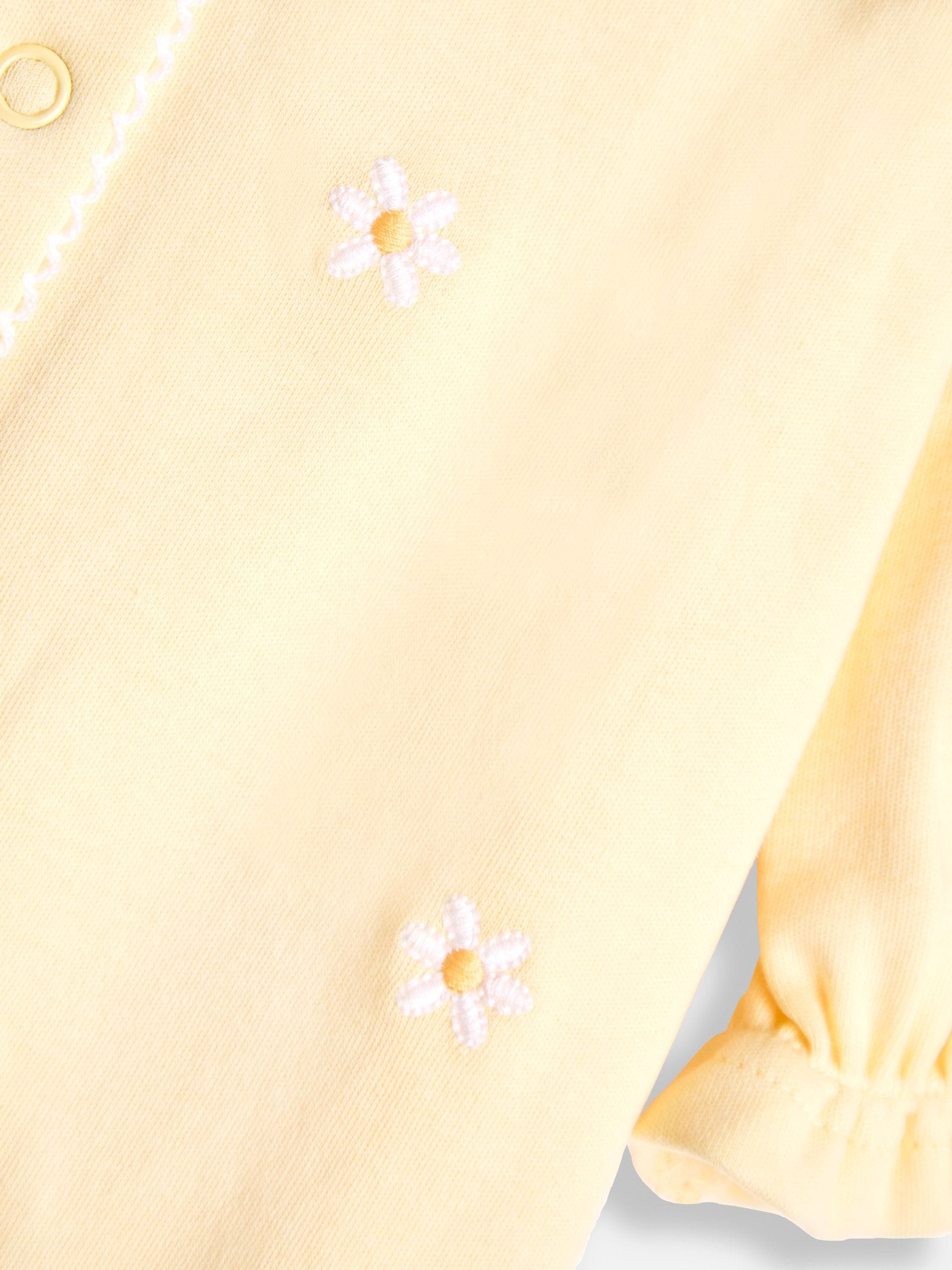 JoJo Maman Bébé Yellow 100% Cotton Popper Footed Embroidered Sleepsuit image 3