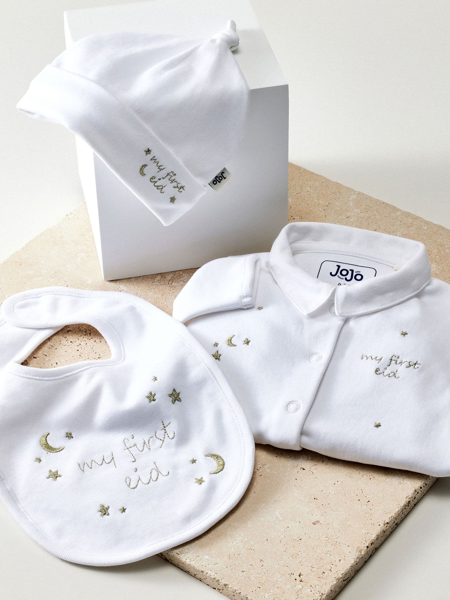 JoJo Maman Bébé White 100% Cotton Embroidered Eid Sleepsuit image 2