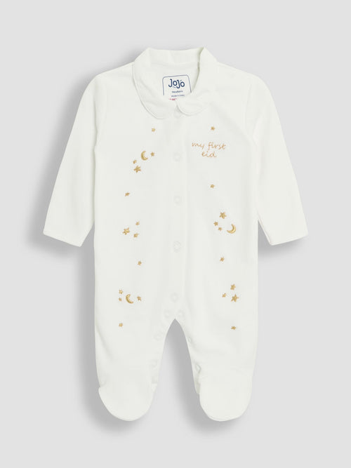JoJo Maman Bébé White 100% Cotton Embroidered Eid Sleepsuit image 1