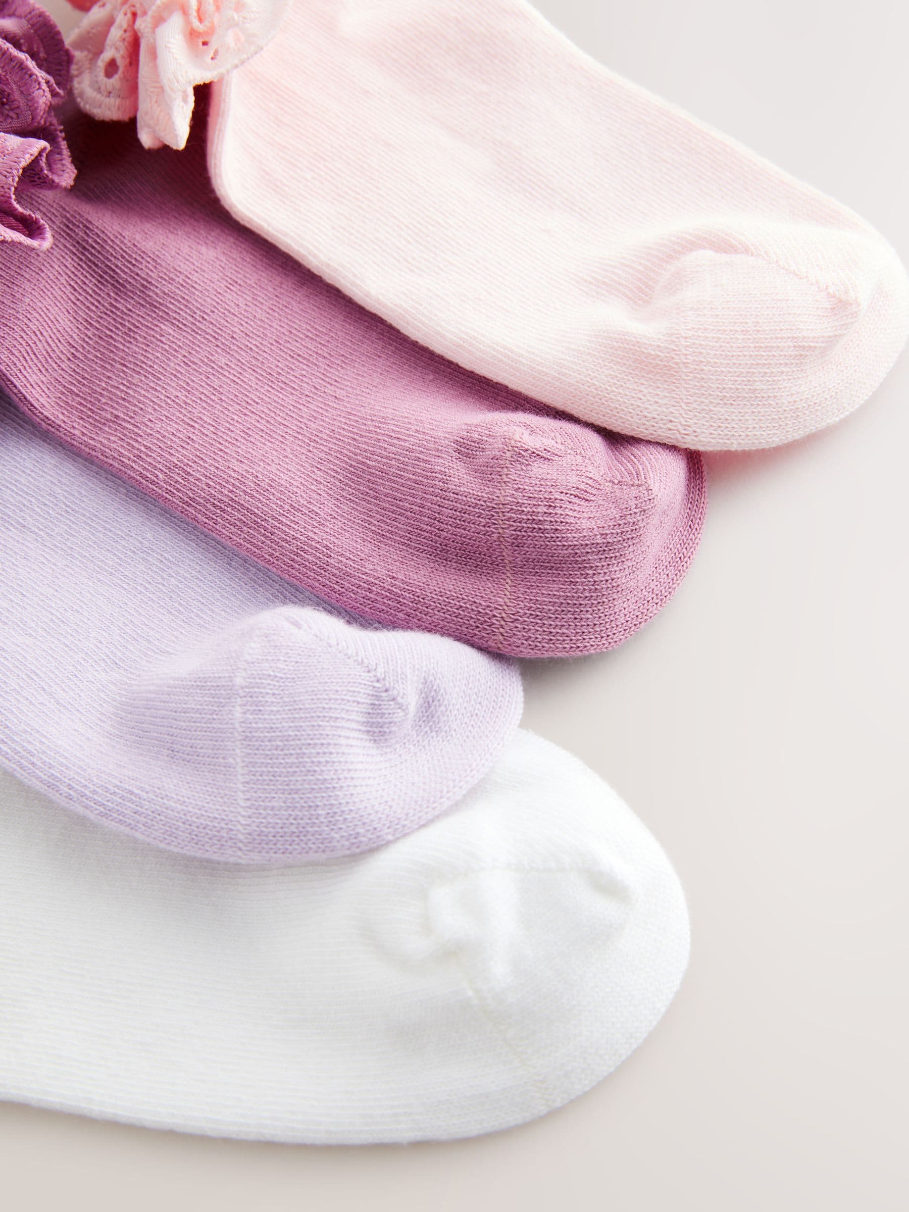 Pink. Purple And White 4 Pack Cotton Rich Ruffle Trainer Socks image 2