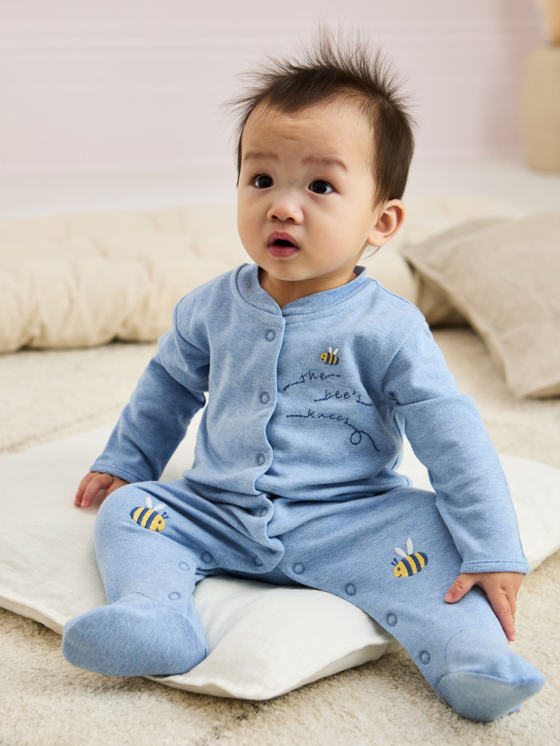 JoJo Maman Bébé Blue Cotton Footed Appliqué Popper Sleepsuit image 1