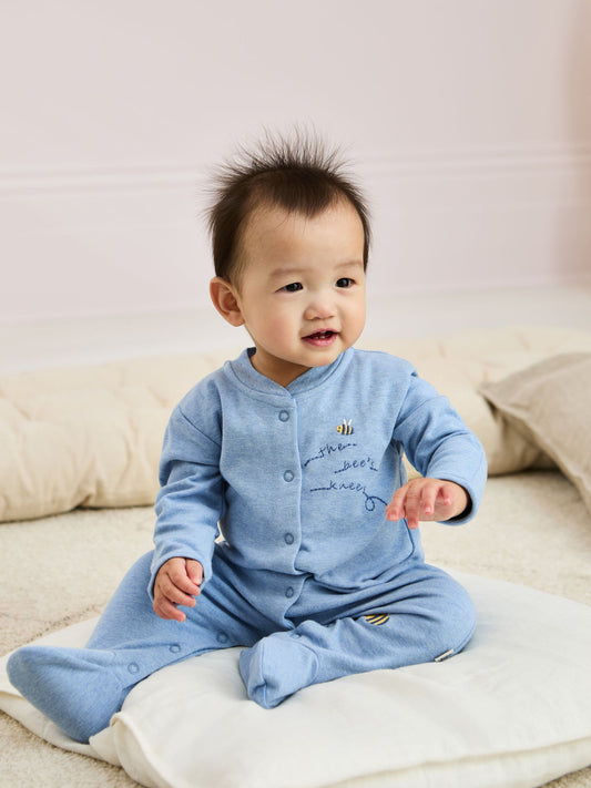 JoJo Maman Bébé Blue Cotton Footed Appliqué Popper Sleepsuit image 2