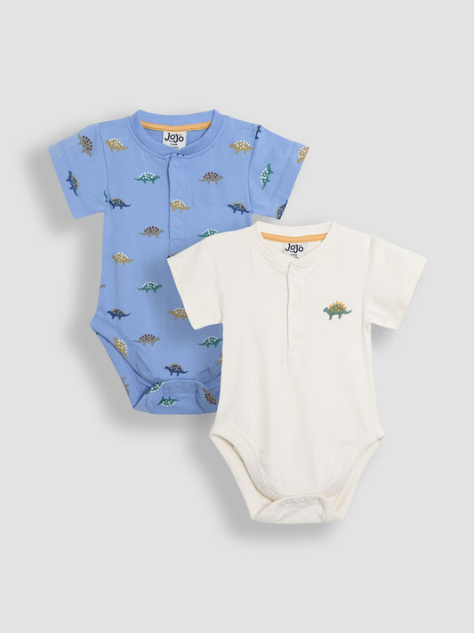 Dsiney Kidz - JoJo Maman Bébé Blue & Cream Dino 2-Pack Short Sleeve Bodysuits image 1